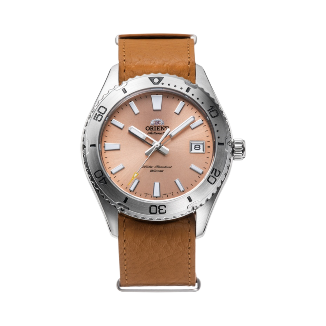오리엔트 마코 40 39.9mm 오토메틱 스테인리스 스틸 레더 애프리콧 다이얼(Orient Mako 40 39.9mm Automatic Stainless Steel Leather Apricot Dial)