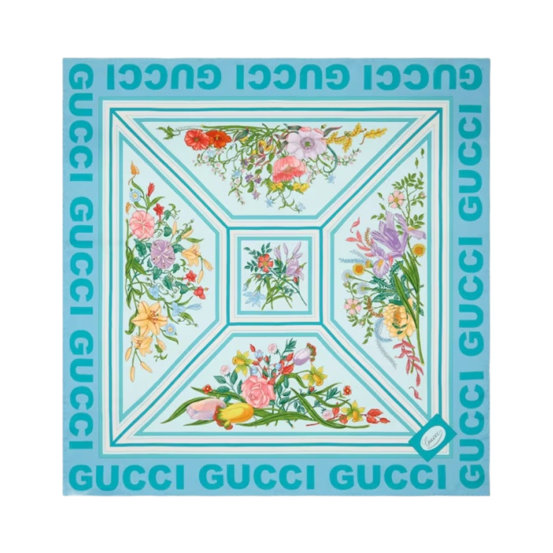 (W) 구찌 플로럴 프린트 실크 스카프 블루((W) Gucci Floral Print Silk Scarf Blue) - 1