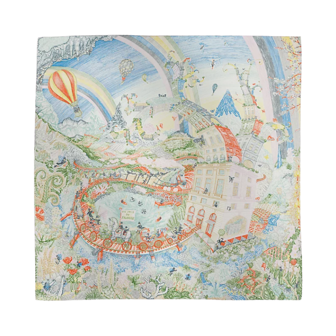 H004147S07 (W) Hermes Les Folies Du Faubourg Scarf 90 Vert Olive Orange Sable