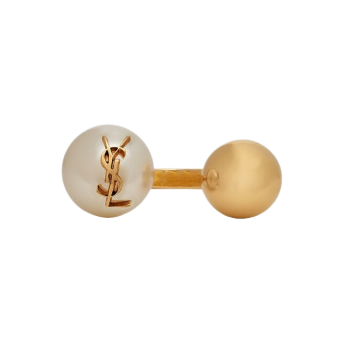 698278-Y1526-9366 (W) Saint Laurent Cassandre Pearl and Ball Ring in Metal Aged Brass Gold Cream