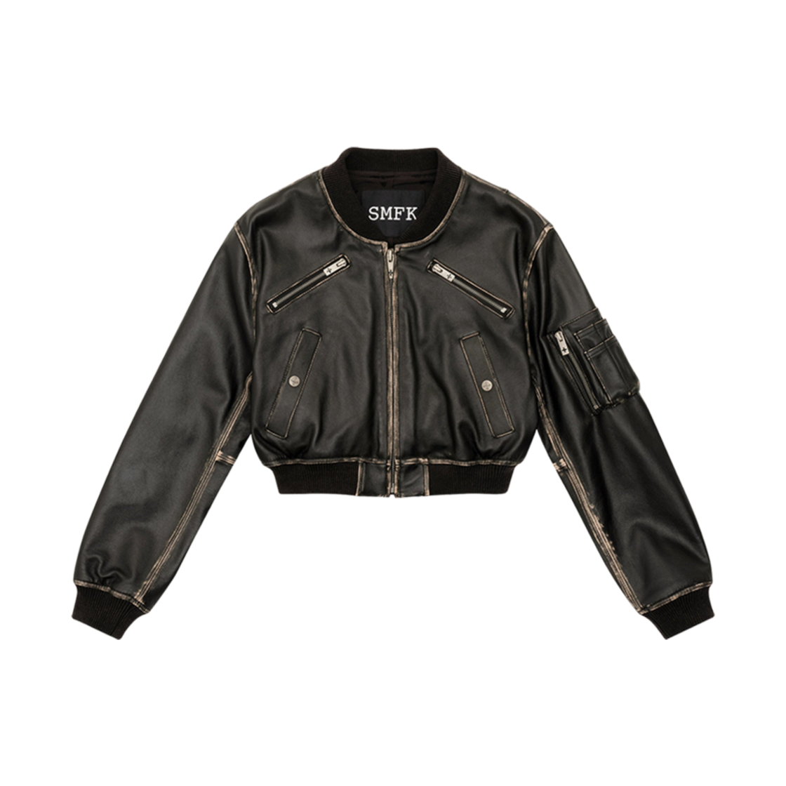 (W) 에스엠에프케이 와일드월드 레트로 파일럿 숏 레더 자켓 블랙((W) SMFK Wildworld Retro Pilot Short Leather Jacket Black)