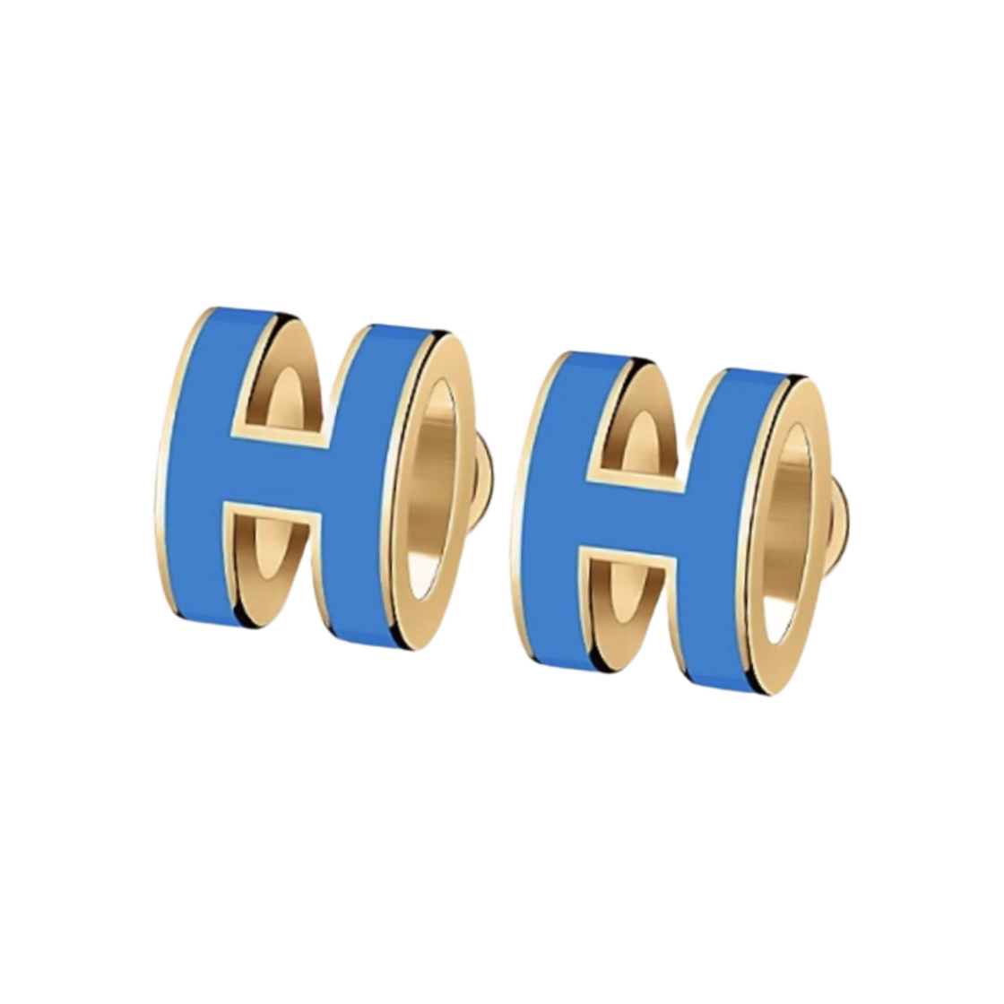 (W) 에르메스 미니 팝아슈 이어링 골드 하드웨어 & 블루 사튀르((W) Hermes Mini Pop H Earrings Gold & Bleu Sature) - 1