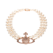 (W) Vivienne Westwood Three Row Pearl Bas Relief Choker Pink Gold