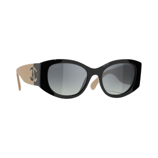 Chanel Oval Sunglasses Acetate & Black Beige Frame Grey Gradient Lenses Asian Fit