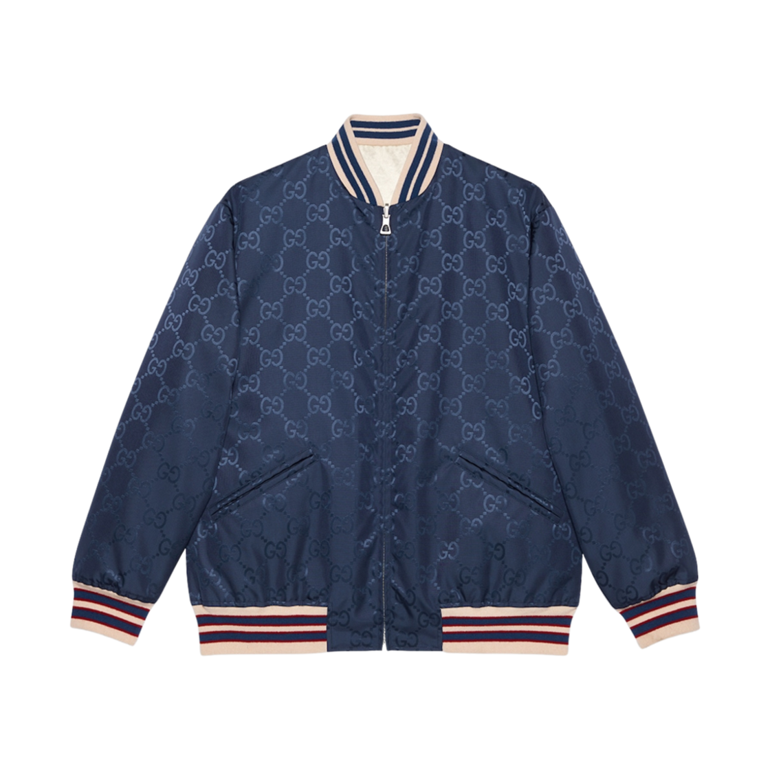 739810-ZANZ7-4348 Gucci Nylon Canvas Reversible Zip Jacket Dark Blue Off White