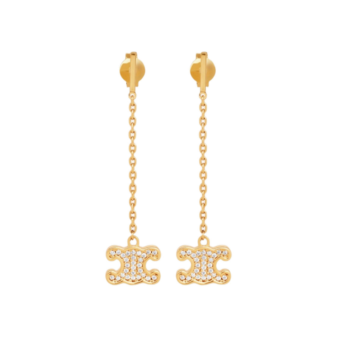 (W) 셀린느 브래스 골드 피니쉬 크리스탈 트리옹프 라인스톤 롱 귀걸이 골드((W) Celine Triomphe Rhinestone Long Earrings in Brass with Gold Finish and Crystals Gold) - 1