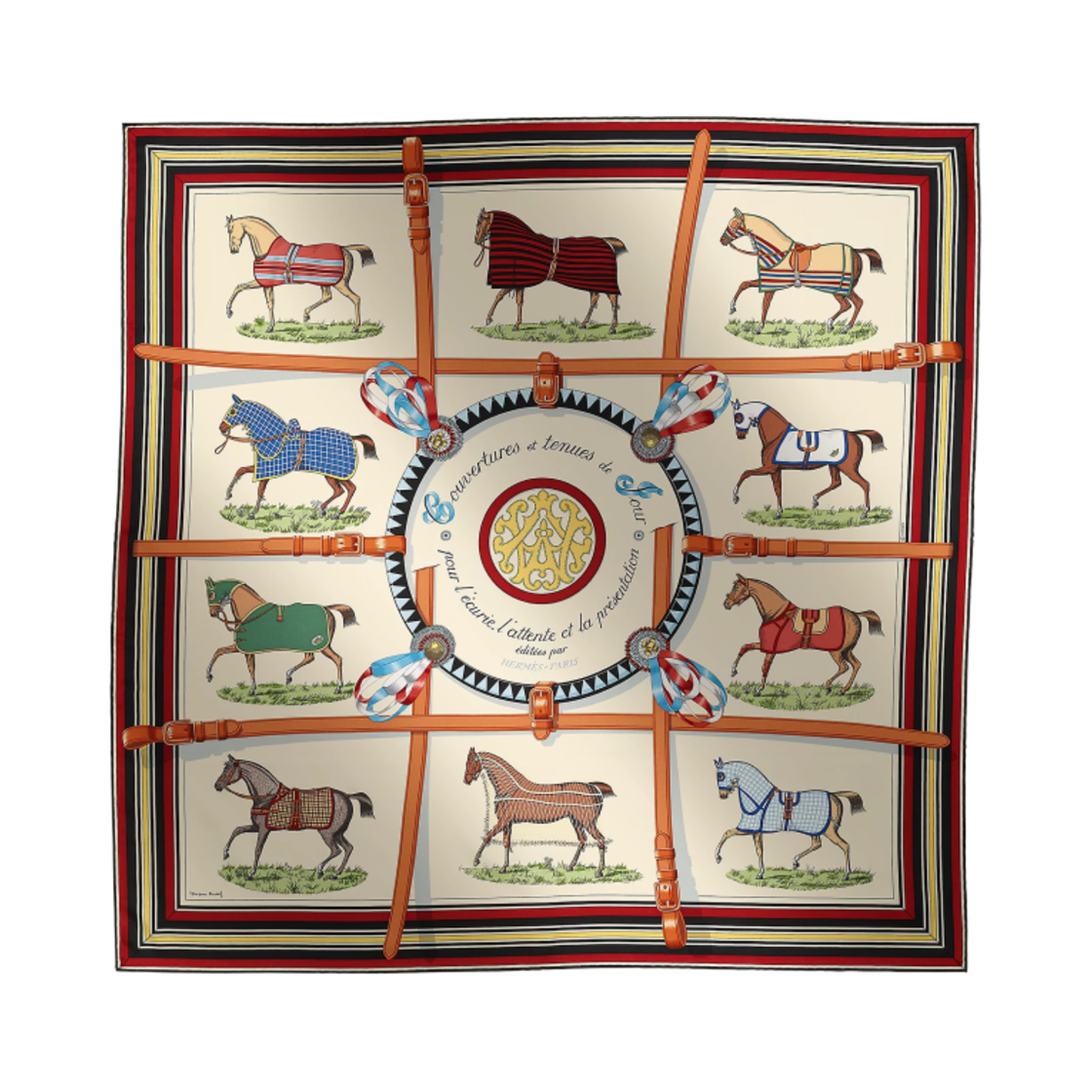 H001356S36 (W) Hermes Couvertures Et Tenues De Jour Forever Scarf 90 Creme Rouge H Bleu Multicolore