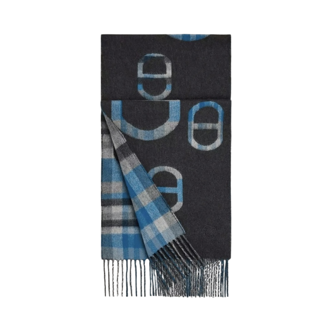 H394068T01 Hermes Tartan Maillons Muffler Anthracite Bleu