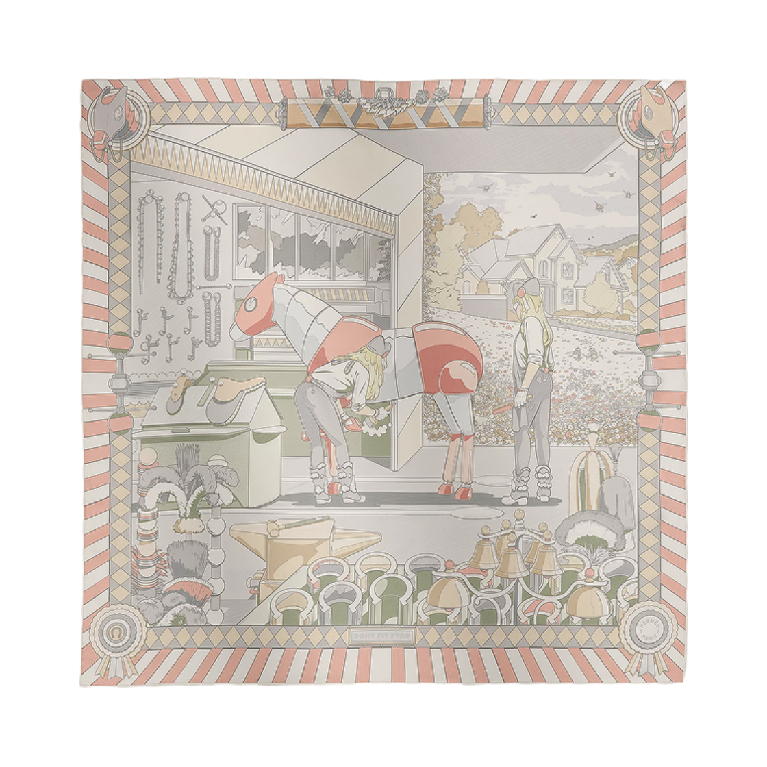 H904207S05 (W) Hermes Pony Pit Stop Double Face Scarf 90 Rose Poudre Gris Blanc