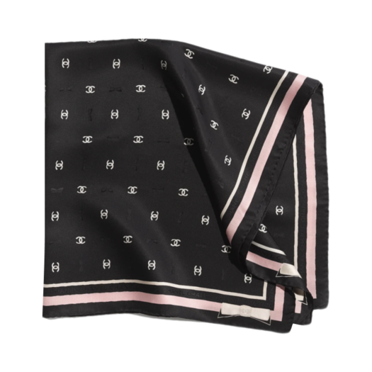 (W) Chanel Square Scarf Jacquard Silk Twill & Black Ecru Pink
