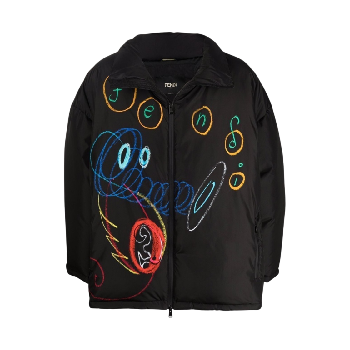 펜디 스크리블 프린트 퍼퍼 자켓 블랙 멀티컬러(Fendi Scribble Print Puffer Jacket Black Multicolor)