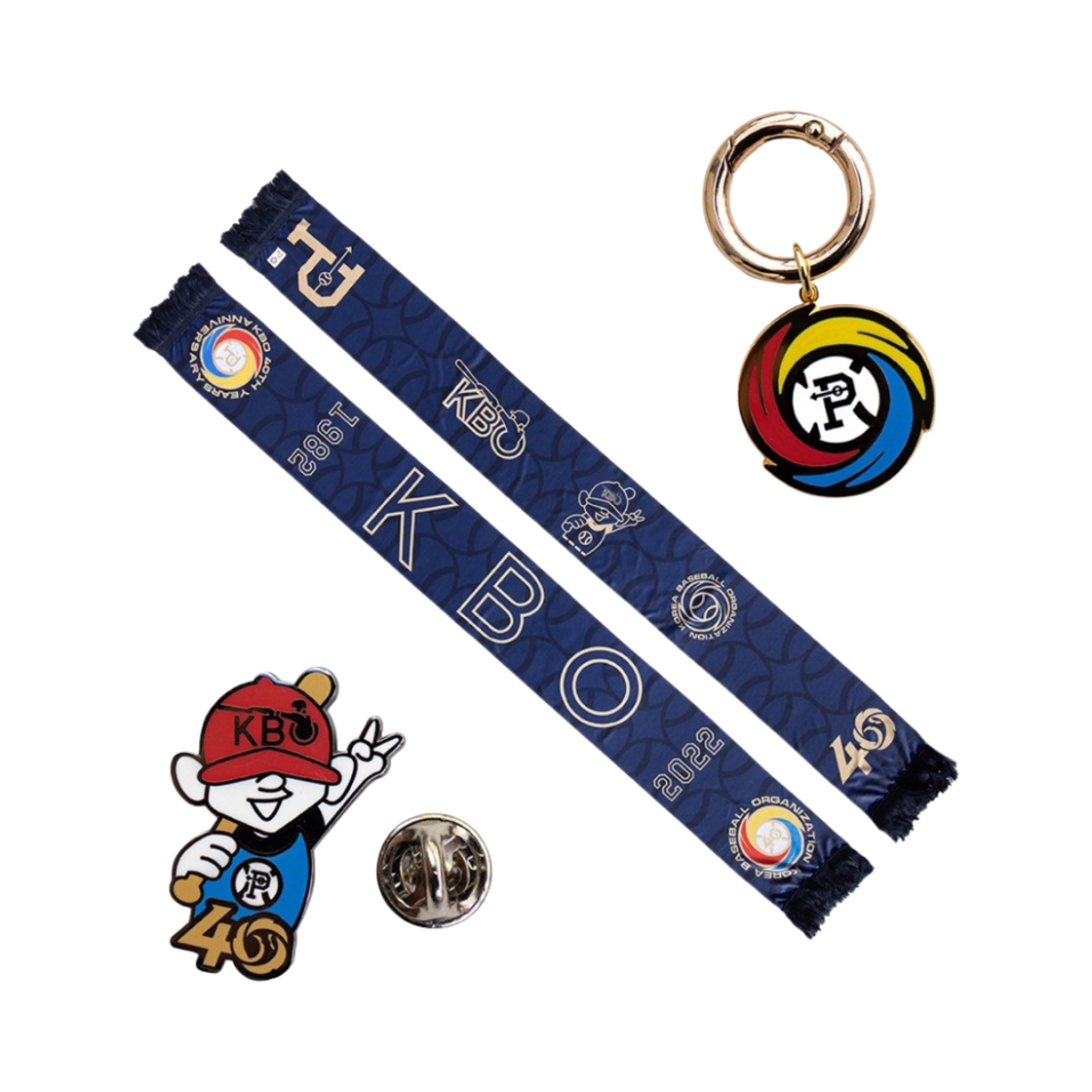 [KREAM 단독] 오버더피치 x KBO 40주년 머플러 키링 핀 배지 세트([KREAM 단독] Over The Pitch x KBO The 40th Anniversary Muffler Keyring Pin Badge Set)