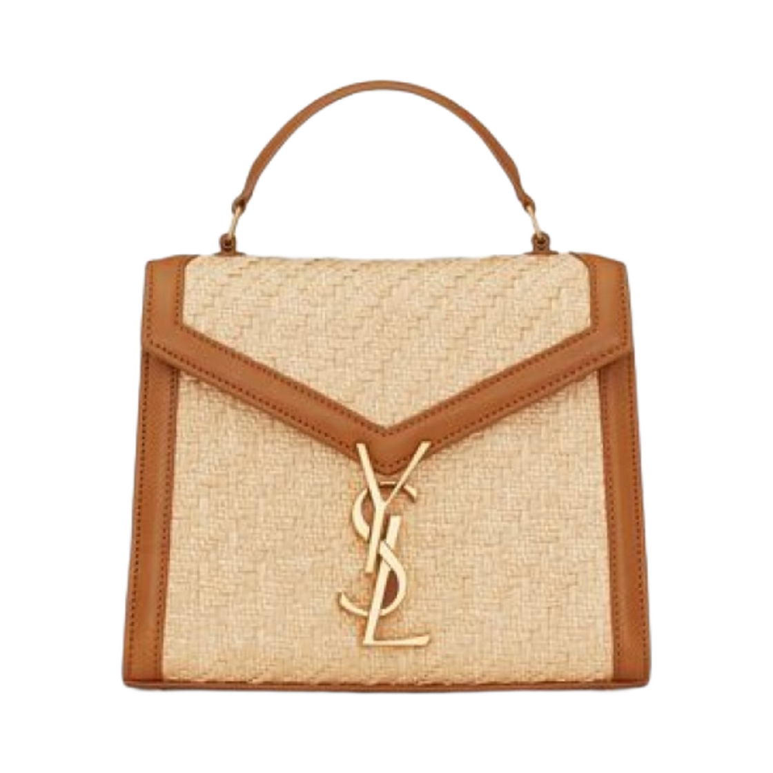 생로랑 카산드라 미니 탑 핸들 백 라피아 앤 베지터블 탠 레더 내츄럴 샌드 앤 브릭(Saint Laurent Cassandra Mini Top Handle Bag In Raffia And Vegetable-Tanned Leather Natural Sand And Brick) - 1