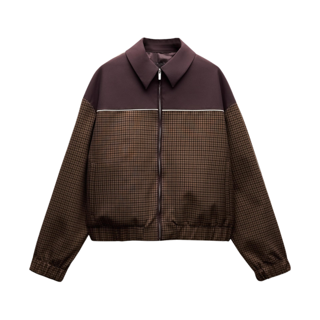 (W) 자라 체크 봄버 자켓 콘트라스트 디테일 브라운((W) Zara Check Bomber Jacket with Contrast Detail Brown) - 1