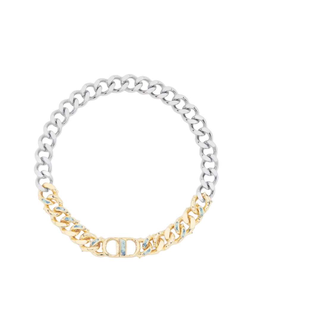 디올 CD 아이콘 체인 링크 네클리스 실버 골드 피니쉬 브래스 블루 화이트 레진(Dior CD Icon Chain Link Necklace Silver Gold Finish Brass Blue White Resin) - 1