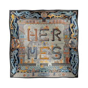 (W) Hermes Super Silk Quest Scarf 90 Noir Bleu Beige
