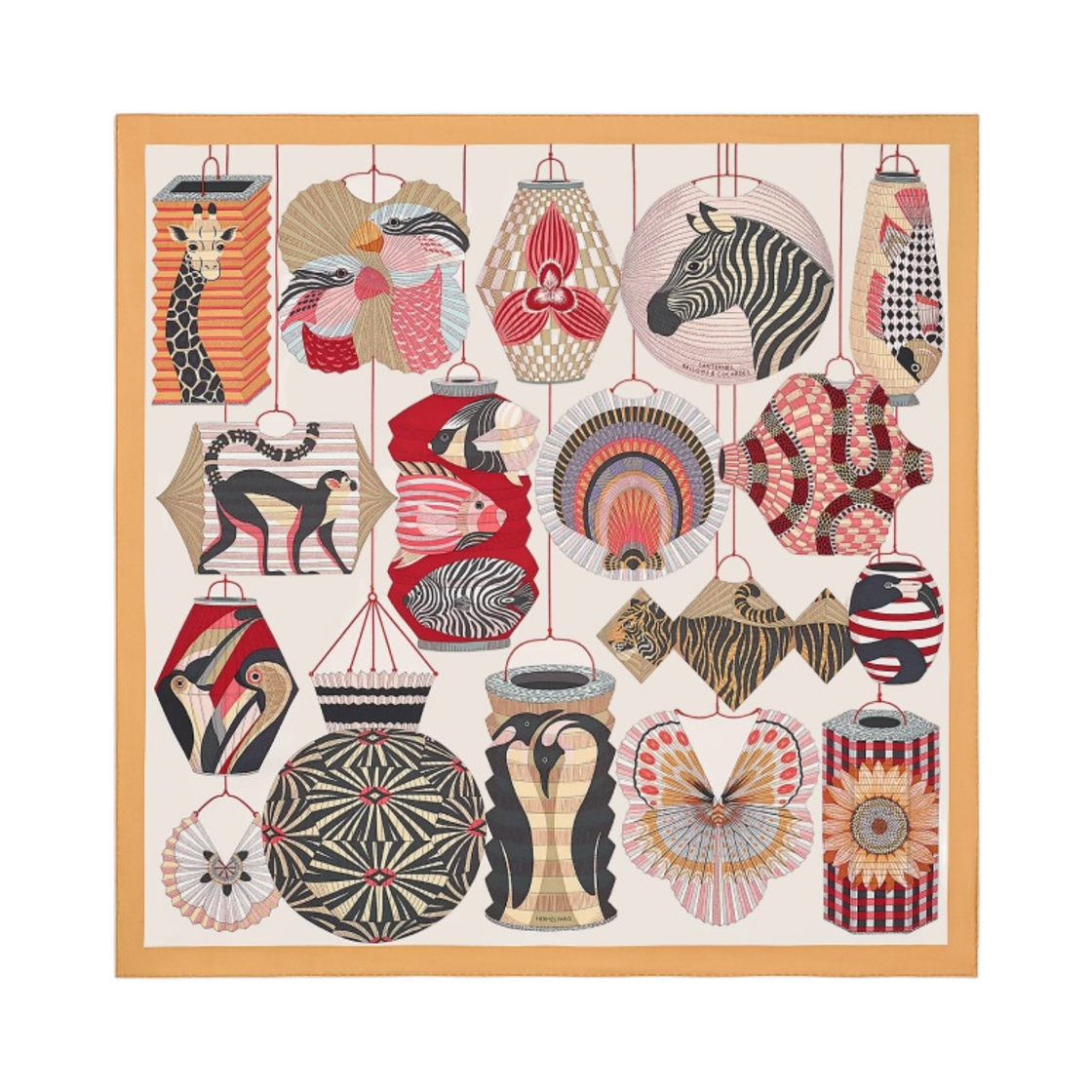 (W) 에르메스 랜턴 발롱 에 코카르드 스카프 90 베쥬 로즈 나크레 보르도((W) Hermes Lanternes Ballons et Cocardes Scarf 90 Beige Rose Nacre Bordeaux) - 1