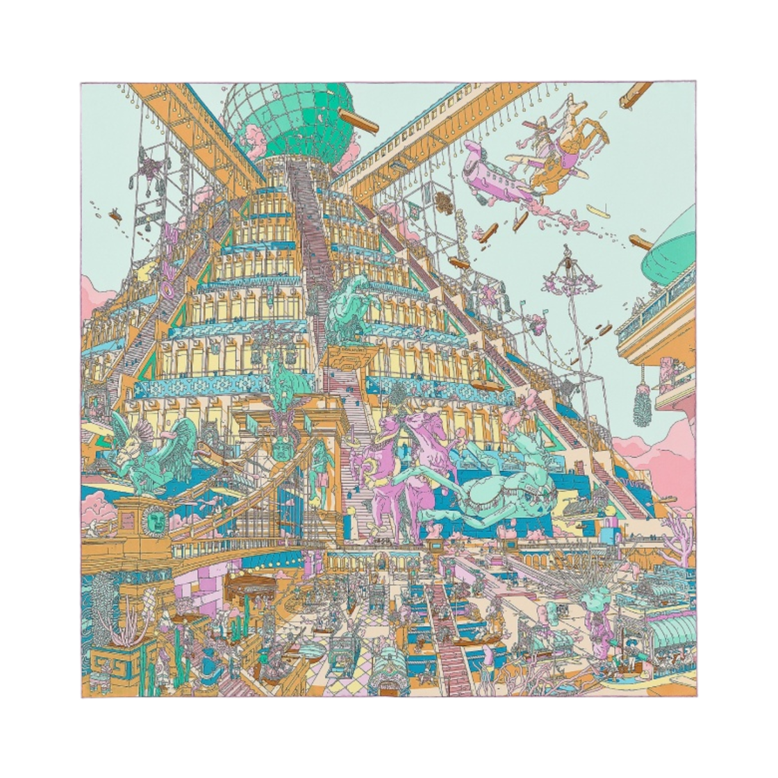(W) 에르메스 라 리종드 뒤 슈발 아 플륌 스카프 90 모브 아쿠아 까멜((W) Hermes La Legende du Cheval a Plumes Scarf 90 Mauve Aqua Camel) - 1