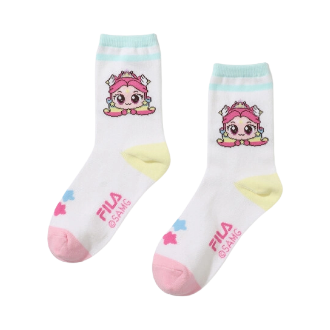 (Kids) 휠라 x 캐치! 티니핑 크루 삭스 오로라핑 블루 페일 민트((Kids) Fila x Catch! Teenieping Crew Socks Auroraping Blue Pale Mint)