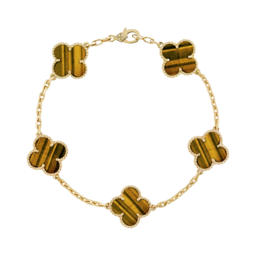 (W) Van Cleef & Arpels Vintage Alhambra Bracelet 5 Motifs Yellow Gold Tiger Eye