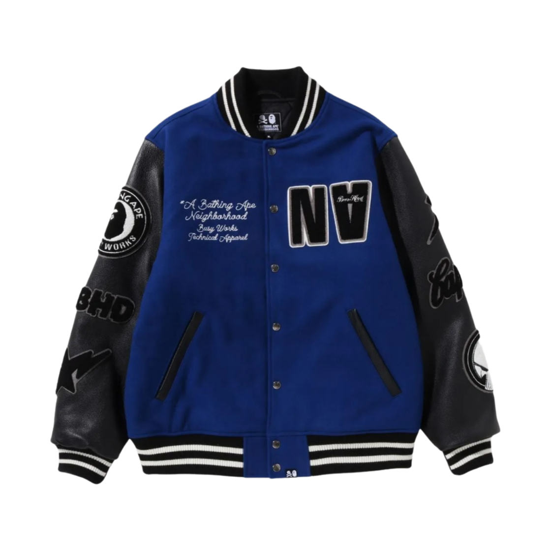 베이프 x 네이버후드 바시티 자켓 블루 블랙 - 네이버후드 한정(BAPE x Neighborhood Varsity Jacket Blue Black - Neighborhood Exclusive)