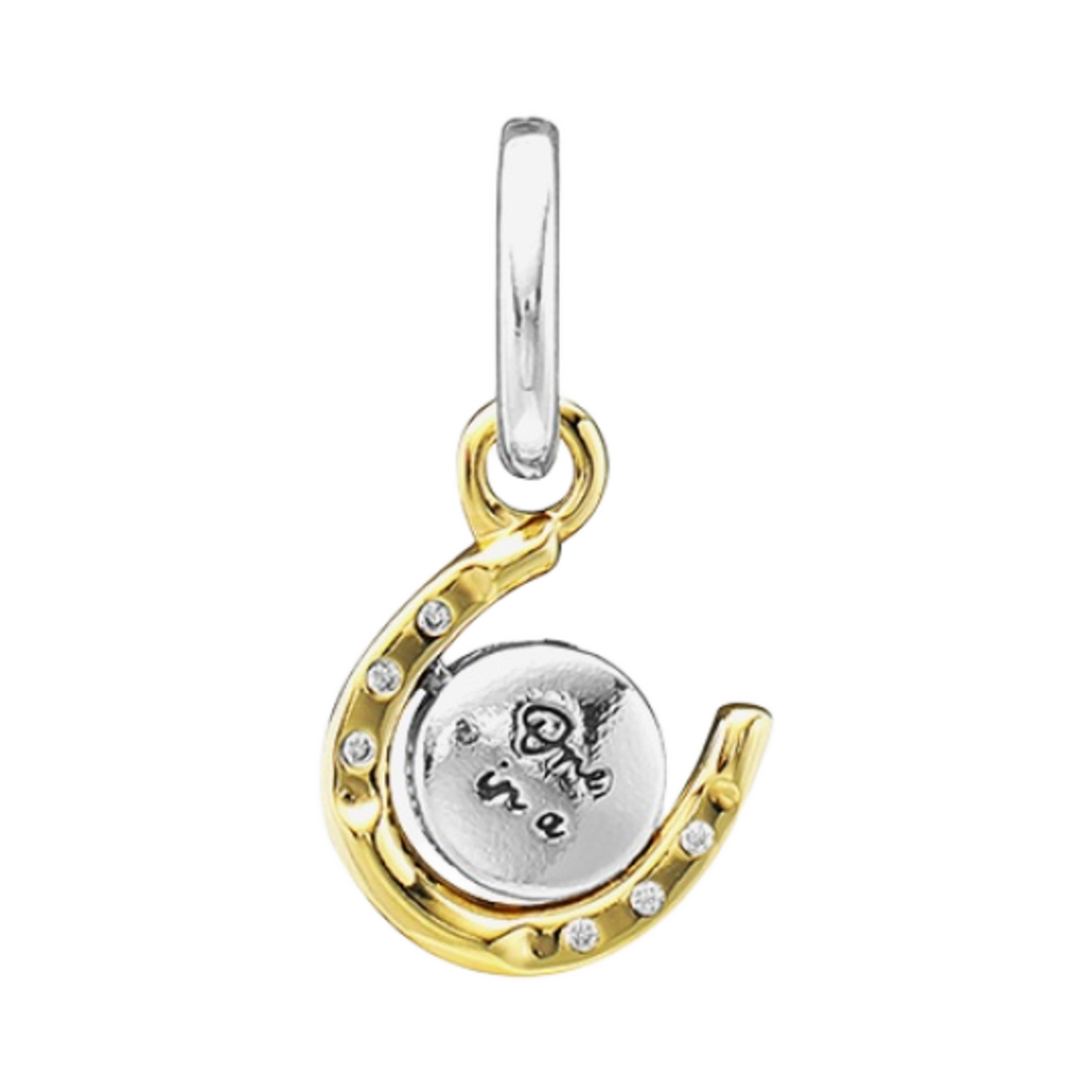 762713C01 (W) Pandora Two-Tone Spinning Disc Horseshoe Dangle Charm Sterling Silver Gold Plated Clear