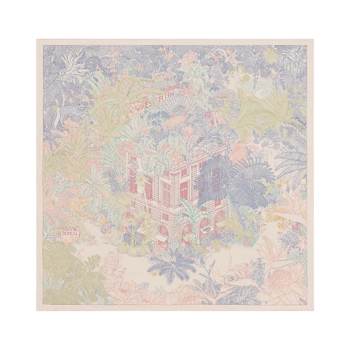 (W) 에르메스 포부르 트로피컬 스카프 90 로즈 떼 블루 진 베르 아망드((W) Hermes Faubourg Tropical Scarf 90 Rose The Bleu Jean Vert Amande) - 1