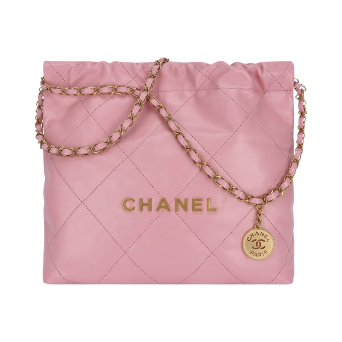 샤넬 22 스몰 핸드백 샤이니 카프스킨 & 골드 메탈 라이트 핑크