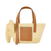Loewe Small Elephant Basket Bag In Raffia and Calfskin Natural Tan