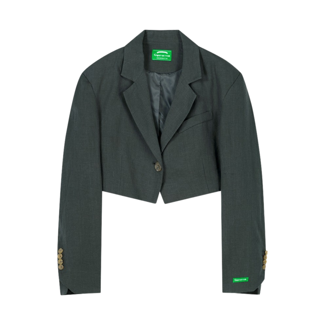 P00000JE Green Butter Women One Button Crop Linen jacket Black