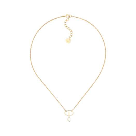 (W) Dior Petit CD Necklace Gold Finish Metal & White Resin Pearl
