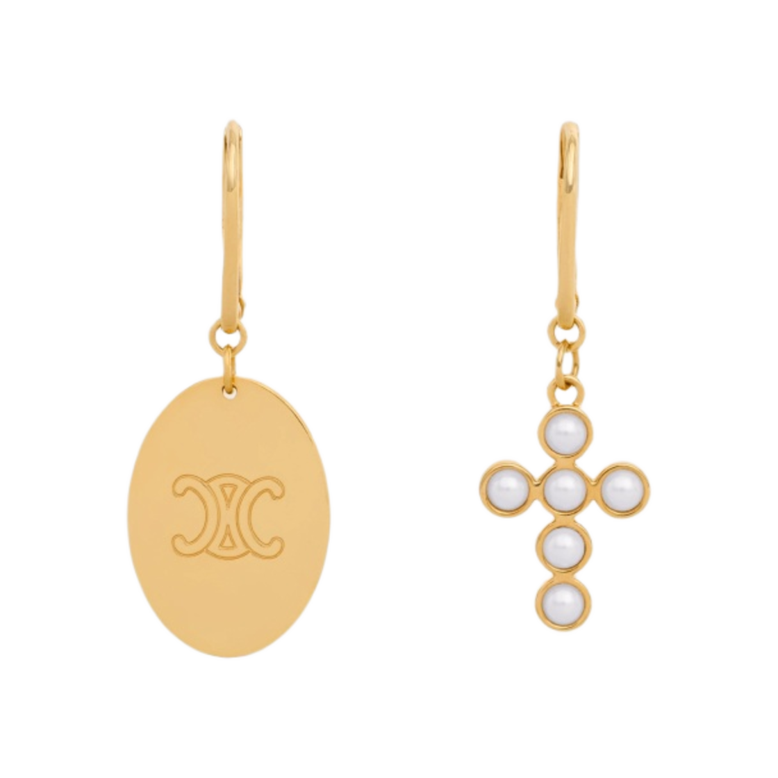 (W) 셀린느 브래스 골드 피니쉬 레진 펄 트리옹프 포크 이어링 골드 아이보리((W) Celine Triomphe Folk Earrings in Brass with Gold Finish Resin Pearls Gold Ivory) - 1