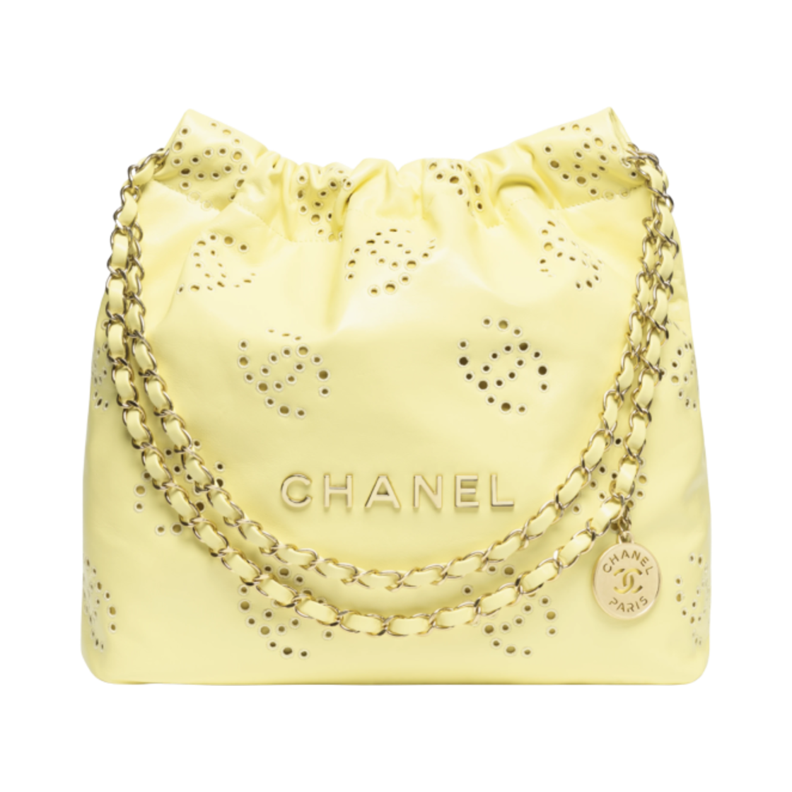 샤넬 22 스몰 핸드백 샤이니 카프스킨 & 골드 메탈 라이트 옐로우(Chanel 22 Small Handbag Shiny Calfskin & Gold Light Yellow) - 1