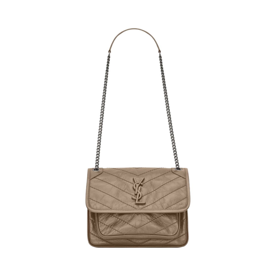 생로랑 크링클 빈티지 레더 모노그램 니키 베이비백 실버 체인 스트랩 더스티 그레이(Saint Laurent Monogram Niki Baby Bag with Silver Chain Strap in Crinkled Vintage Leather Dusty Gray) - 1