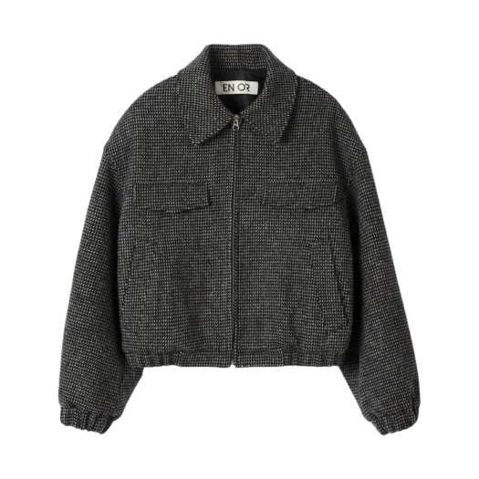 BCFWJP002 En Or Women Tweed Check Bomber Jacket Black