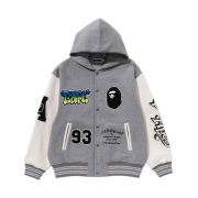 BAPE Lux Sport Badges Oversized Hooded Sweat Varsity Jacket Grey