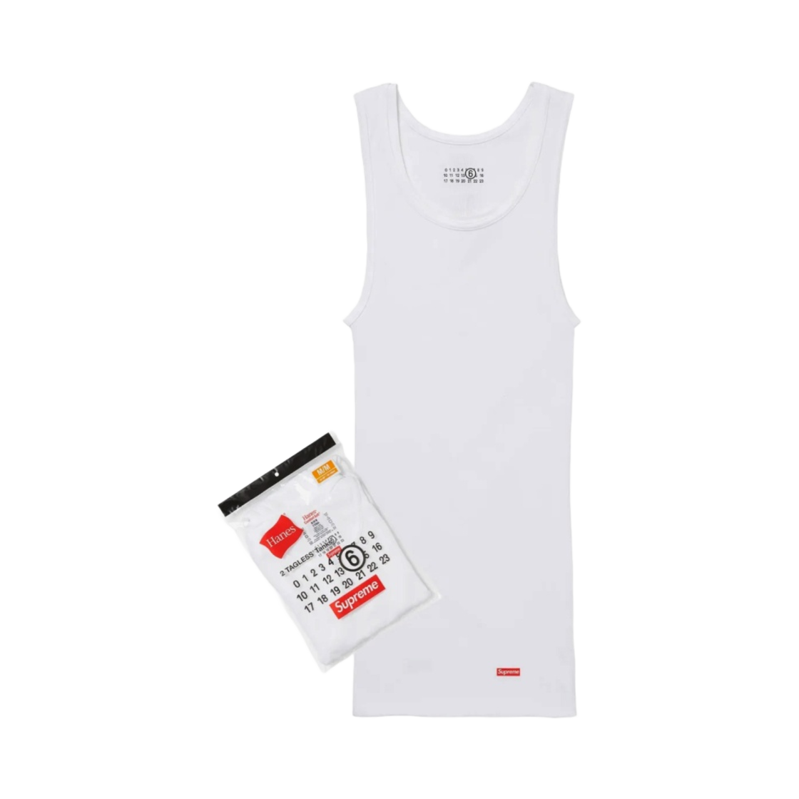 슈프림 x MM6 메종 마르지엘라 헤인즈 태그리스 탱크 탑 화이트 (1개입) - 24SS(Supreme x MM6 Maison Margiela Hanes Tagless Tank Top White (1 Pack) - 24SS)