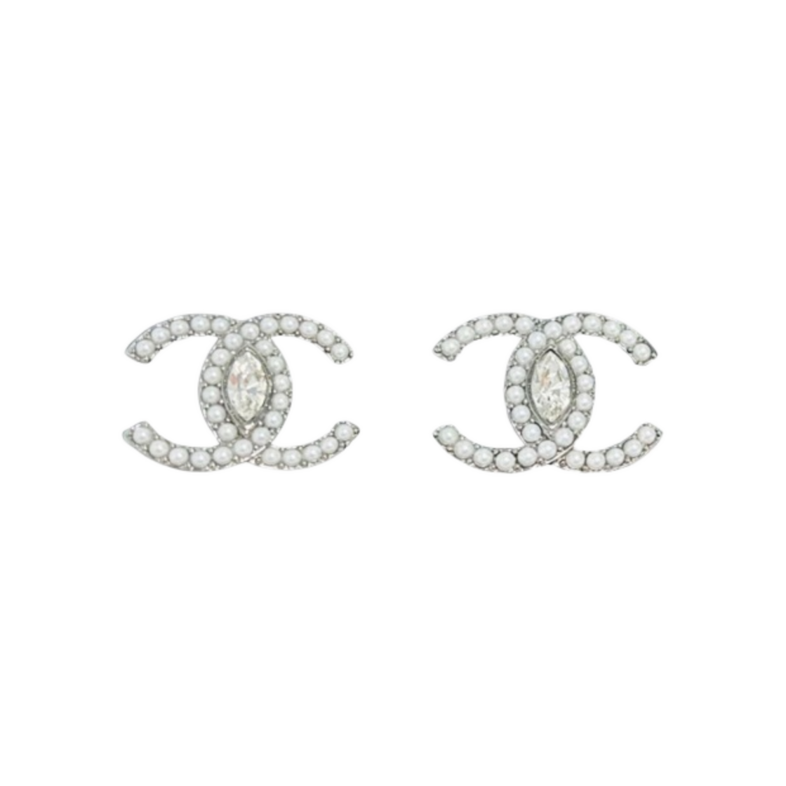 (W) 샤넬 이어링 메탈 글래스 펄 디아만테 & 실버 펄리 화이트 크리스탈((W) Chanel Earrings Metal Glass Pearls Diamantes & Silver Pearly White Crystal) - 1
