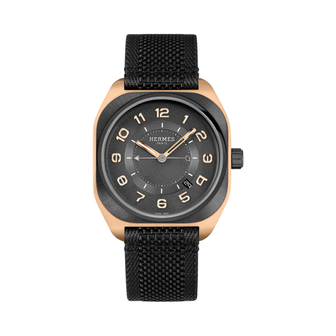 W059581WW00 Hermes H08 Watch Large Noir Anthracite Fabric Strap & Rose Gold Titanium Back Coated with Black DLC
