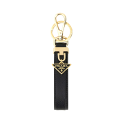 Prada Enameled Metal Triangle Saffiano Leather Logo Keychain Black