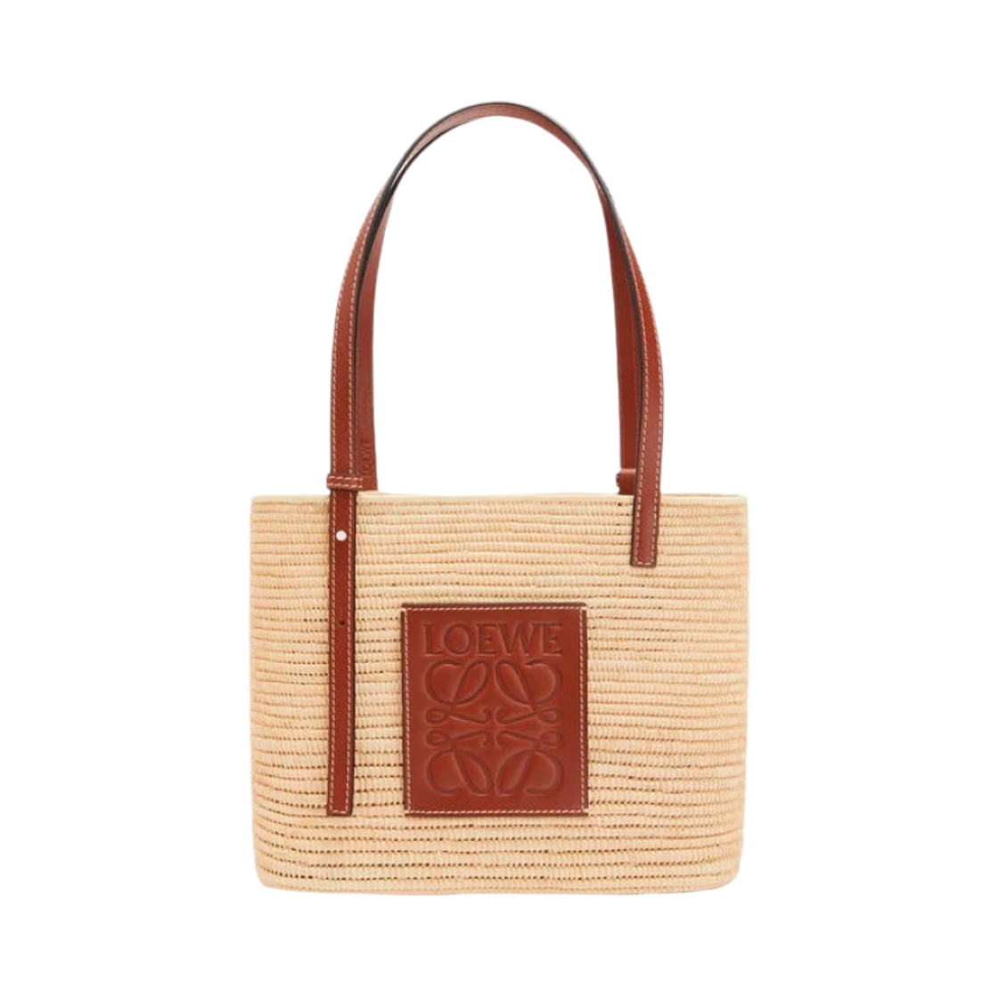 A223099X02-9943 Loewe Small Square Basket Bag in Raffia and Calfskin Natural Pecan