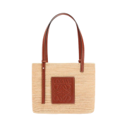 Loewe Small Square Basket Bag in Raffia and Calfskin Natural Pecan