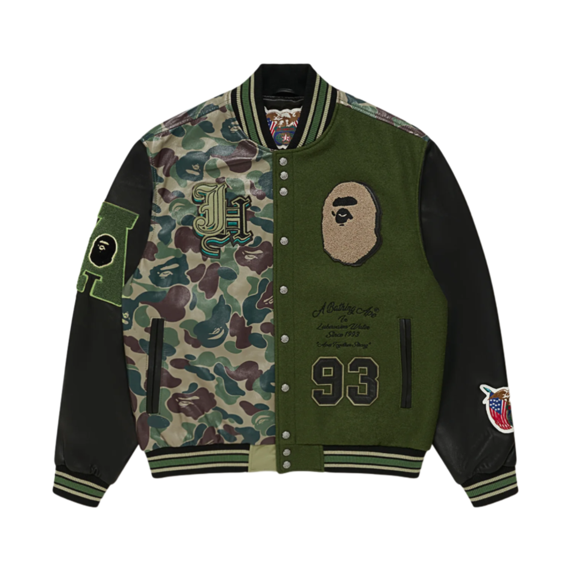 베이프 x 제프 해밀턴 ABC 카모 멀티 로고 패치드 울 앤 레더 바시티 자켓 다크 그린(BAPE x Jeff Hamilton ABC Camo Multi Logo Patched Wool and Leather Varsity Jacket Dark Green) - 1