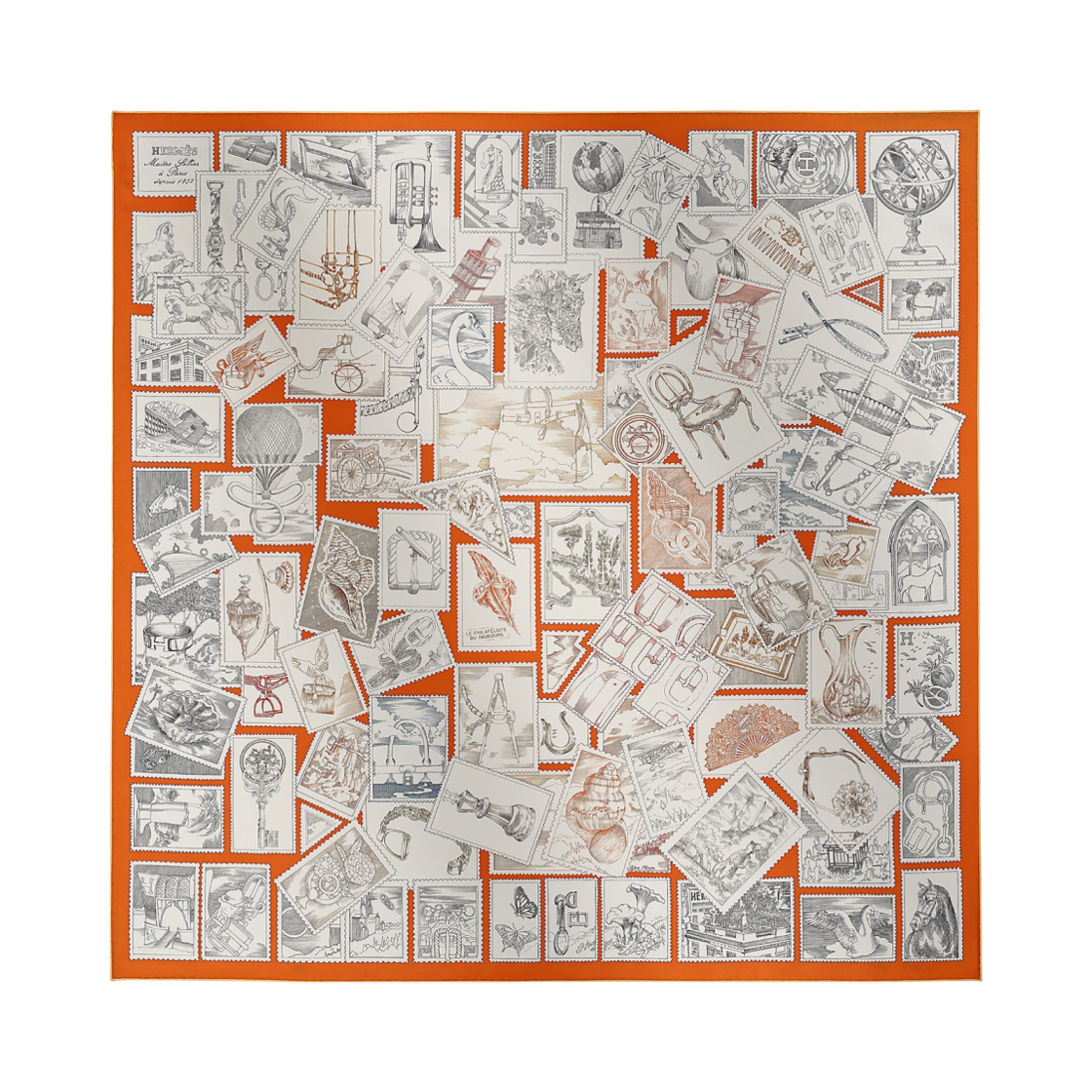 (W) 에르메스 르 필라뗄리스트 뒤 포부르 스카프 90 오랑쥬 퀴 블랑 그리((W) Hermes Le Philateliste Du Faubourg Scarf 90 Orange Cuit Blanc Gris)