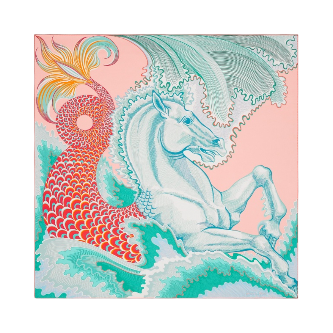(W) 에르메스 슈발 시렌 더블 페이스 스카프 90 로즈 뿌드르 베르 꼬라이유((W) Hermes Cheval Sirene Double Face Scarf 90 Rose Poudre Vert Corail) - 1