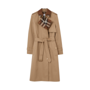 (W) Burberry Check Panel Cotton Gabardine Trench Coat Camel
