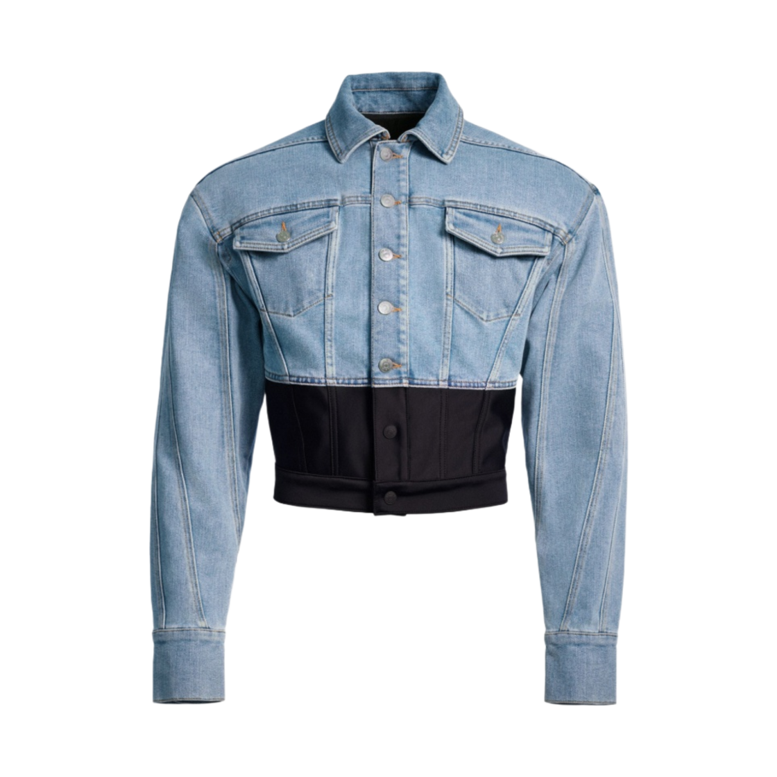 에이치앤엠 x 뮈글러 디파인드 웨이스트 데님 자켓 라이트 데님 블루 블랙(H&M x Mugler Defined Waist Denim Jacket Light Denim Blue Black)