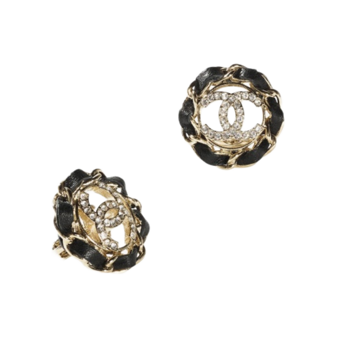 (W) 샤넬 이어링 메탈 램스킨 & 스트라스 골드 블랙 크리스탈((W) Chanel Earrings Metal Lambskin & Strass Gold Black Crystal) - 1