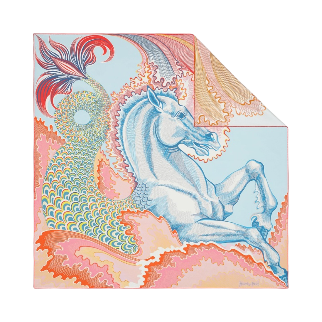 H903963S09 (W) Hermes Cheval Sirene Double Face Scarf 90 Bleu Ciel Rose Blanc