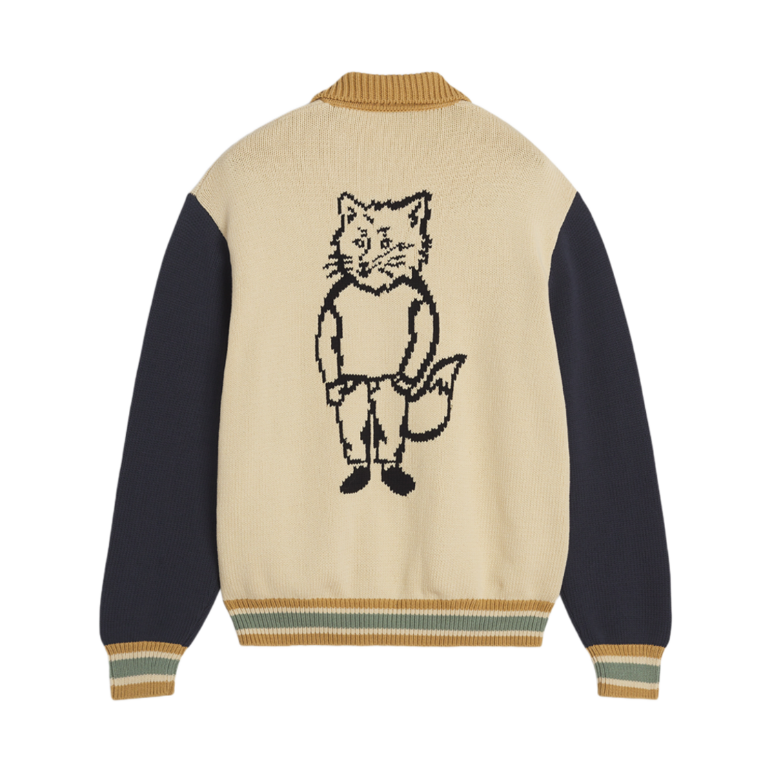 메종 키츠네 니티드 컬리지 블루종 리치 바닐라 브레톤 블루(Maison Kitsune Knitted College Blouson Rich Vanilla Breton Blue)